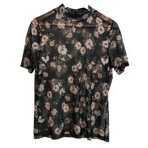 Women's Large Black Blush Floral Whimsigoth See-Through Stretchy Mesh Casual Top